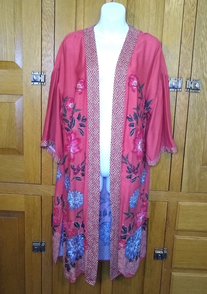 DR2 coral pink floral print open front long kimono